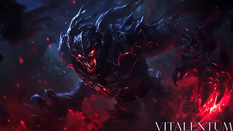 Demonic shadow beast surging from molten crimson void.
