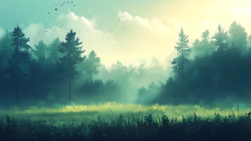 Misty Forest Clearing at Dawn with Golden Light and Atmospheric Haze.