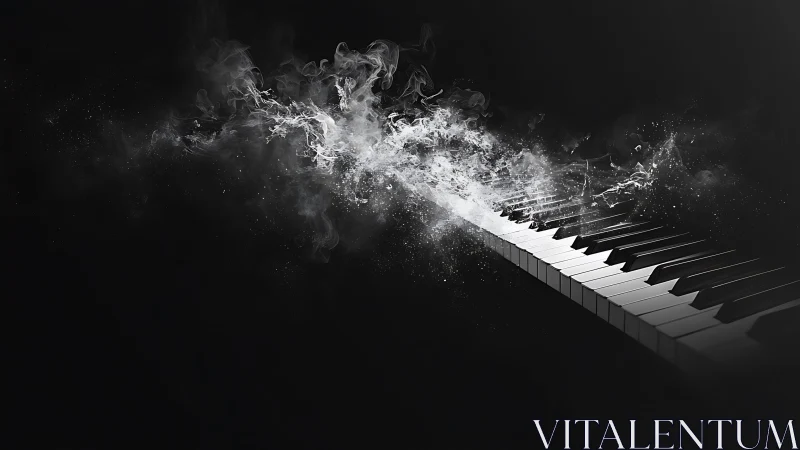 Piano keyboard dissolves into smoke against dark background