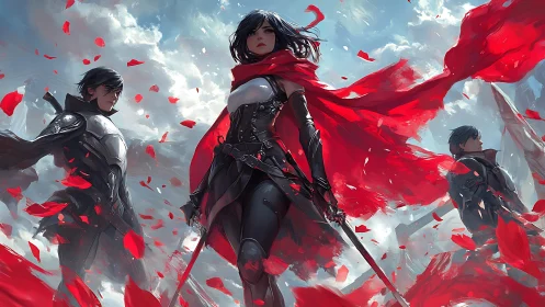 Triad of sword-wielding warriors commands a scarlet tempest