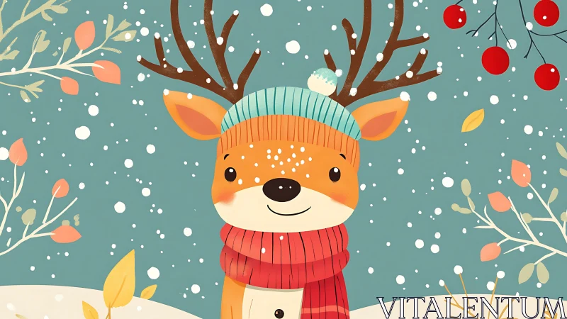 Snowy forest reindeer kid in teal beanie and scarlet scarf.