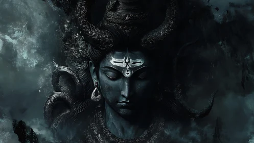 Midnight deity emerges from storm-wreathed cosmic silence.