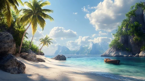 Tropical Paradise Beach with Limestone Cliffs and Wooden Boat.