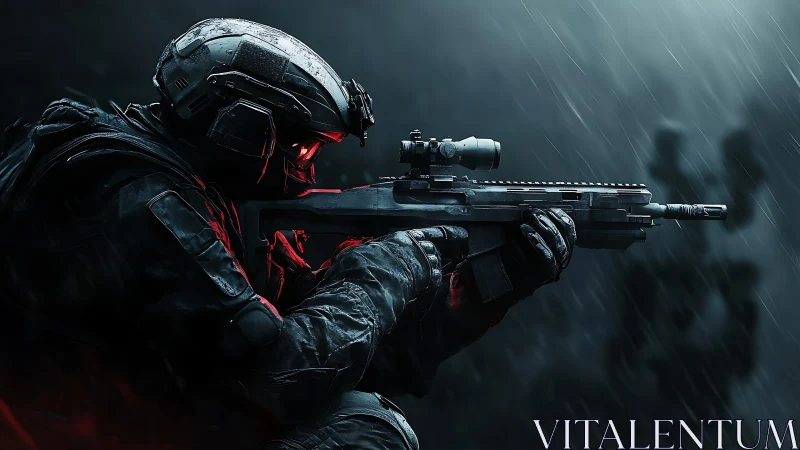Heavily armed soldier aiming rifle in dark rainy combat scene.