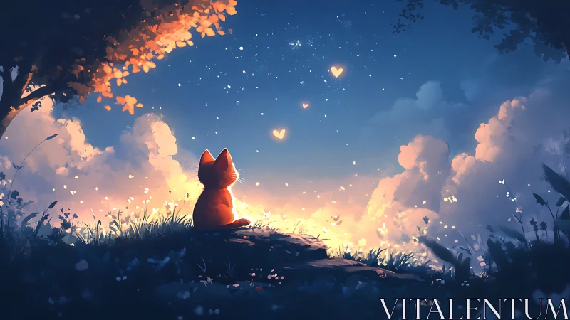 Cat silhouette sits on hill observing glowing sky forms