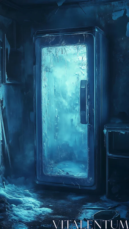 Frozen upright freezer in dark abandoned icy room scene