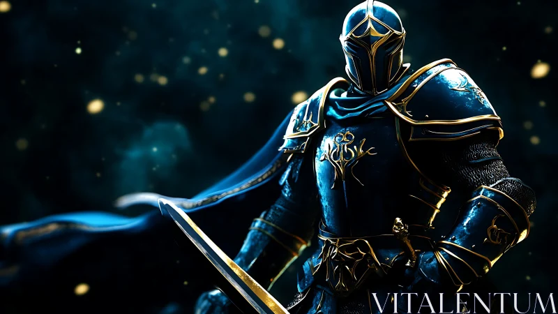 Star-forged knight in sapphire armor guarding silent galaxies.