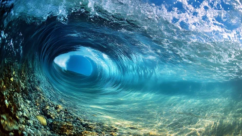 Underwater view inside curling turquoise ocean wave.