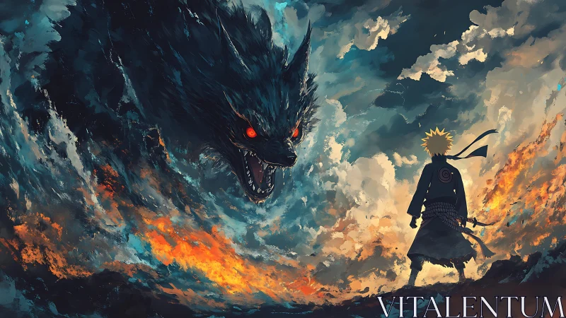 Warrior confronts colossal fiery-eyed beast in stormy skies