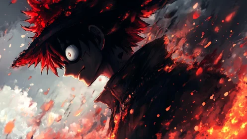 Fiery anime wanderer smiling through swirling embers.