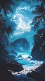 Tropical Cove Awakens Under Luminous Dawn Sky.