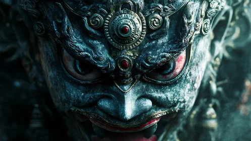 Baroque metallic demon mask rendered in cinematic 3D close-up