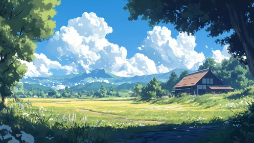 Rural field landscape with farmhouse, trees and distant hills.