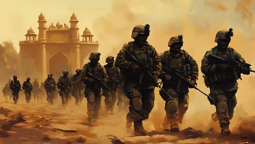 Dustborne soldiers crossing a sunlit desert gateway.