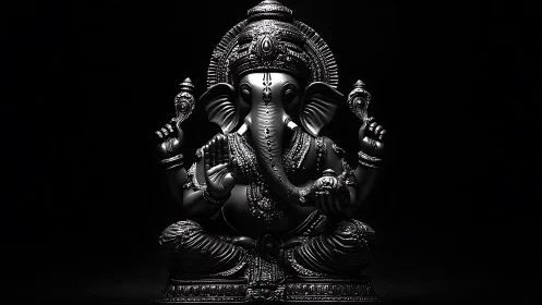 Photorealistic low key Ganesh sculpture with chiaroscuro lighting.