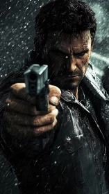 Close-range handgun aim under heavy rain with cinematic lighting