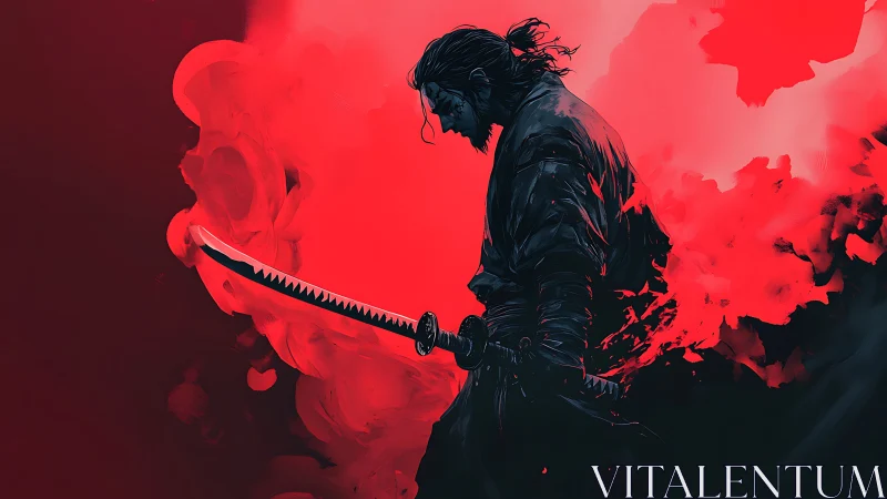 Lone samurai silhouette amid red smoke and katana glow.