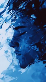 Human profile rendered in blue liquid textures and flow