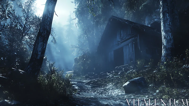 Volumetric moonlight dissecting a forest cabin approach path.