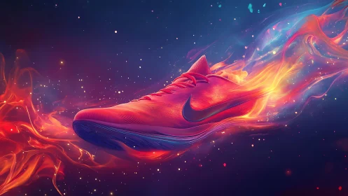 Luminous motion trail wraps dynamic neon running shoe in space