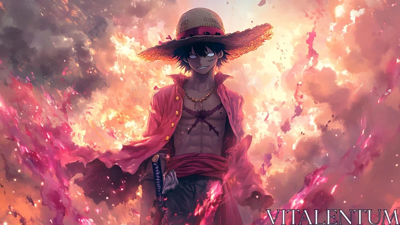 Straw hat swordsman stands in fiery glowing sky scene.