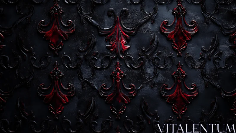 Dark ornamental wall pattern shows red baroque flourishes