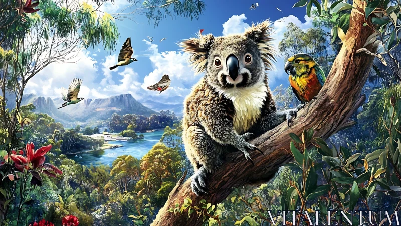 Koala overlooks vibrant rainforest valley in bright sun.