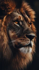 Side profile portrait of male lion with detailed mane