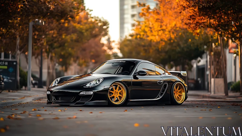 Low-slung black sports coupe on city street in autumn glow.