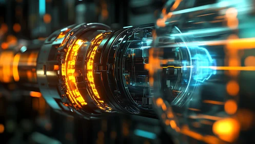 Futuristic energy core glows within a high-tech reactor tunnel.
