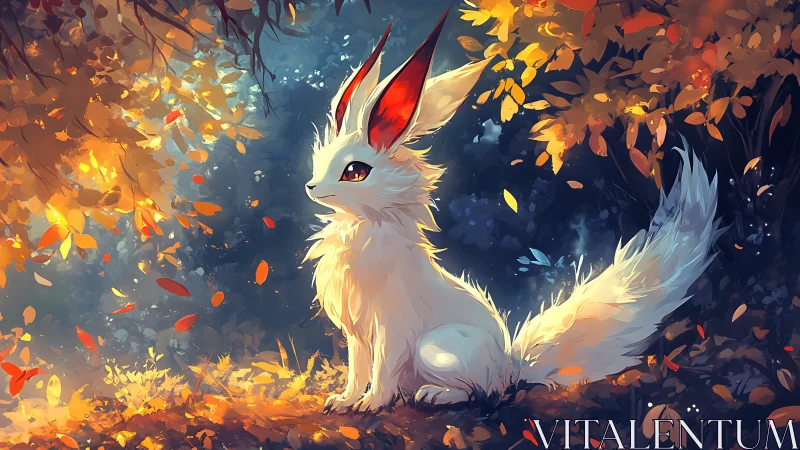 Bioluminescent fox-like creature framed by dynamic autumn foliage