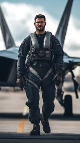 Modern fighter pilot strides from jet in cinematic perspective