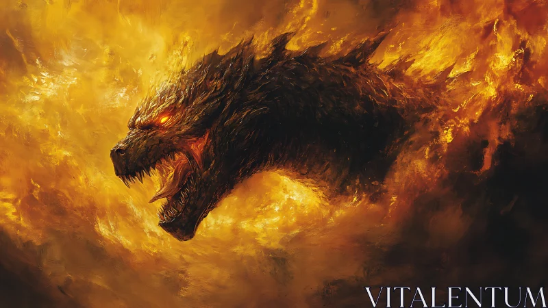 Fiery dragon head erupts from swirling molten clouds of flame