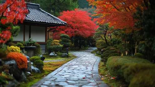 Stone path extends through landscaped garden with autumn foliage