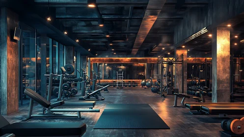 Modern industrial gym interior with strength training zone.