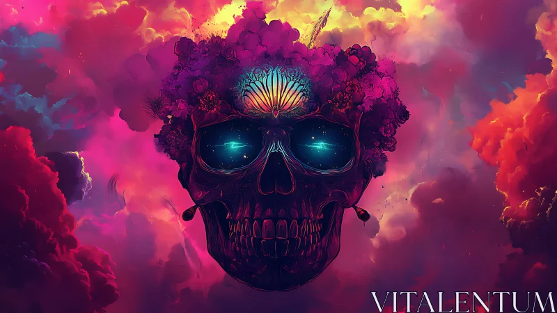 Nebula-crowned skull drifts in electric cosmic clouds.