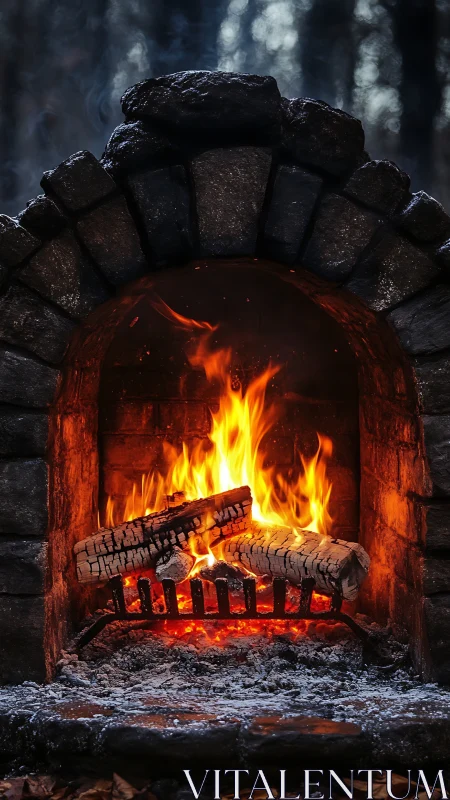 Stone Fireplace with Roaring Fire and Burning Logs