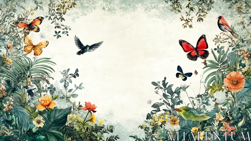 Butterflies and songbirds circle lush floral garden frame
