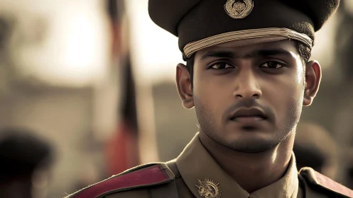 Young uniformed officer portrait in soft muted light.