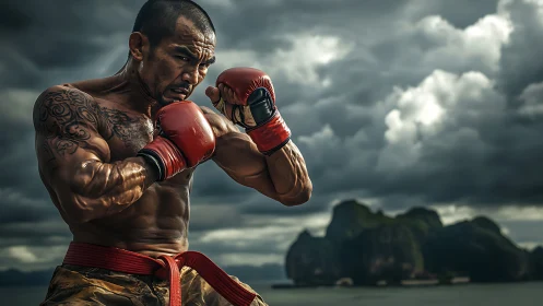 Muay Thai fighter isolated in dynamic coastal storm lighting