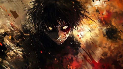 Ferocious yellow-eyed antihero emerging through chaotic brushfire