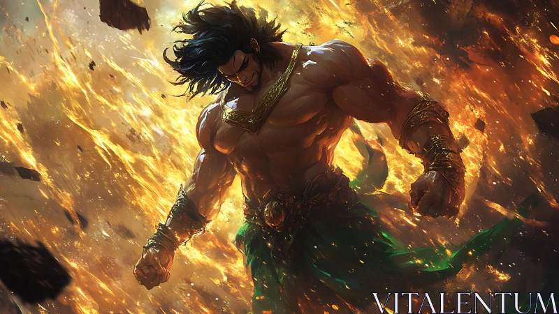 Fiery warrior unleashes godlike power amid swirling embers.