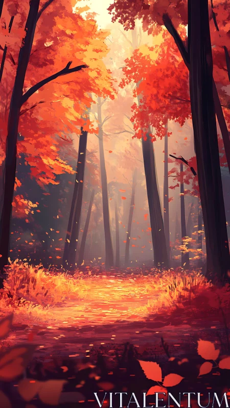 Digital forest with intense orange and red autumn foliage illuminated by glowing light.