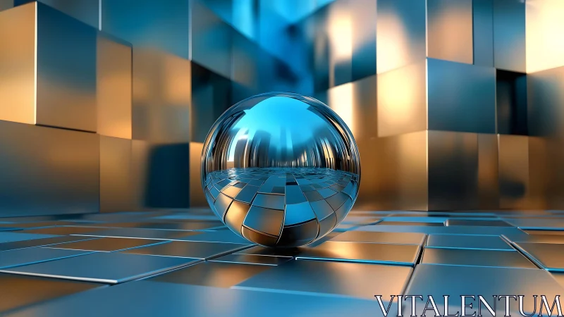 Chrome sphere in reflective tiled maze of metallic cubes.