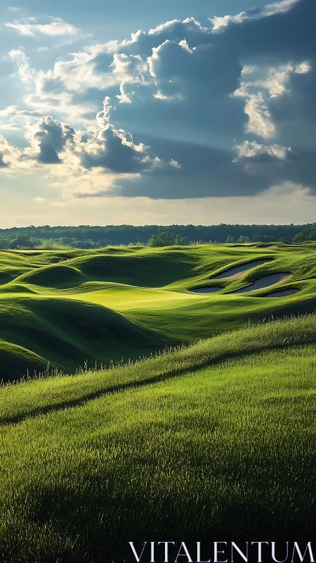 Photorealistic rolling golf course under dramatic cloudbank.