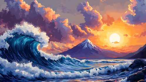 Sunlit wave and quiet mountain sharing a painted horizon.