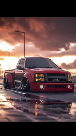 Ultraslammed red pickup under stormlit sunset reflections.