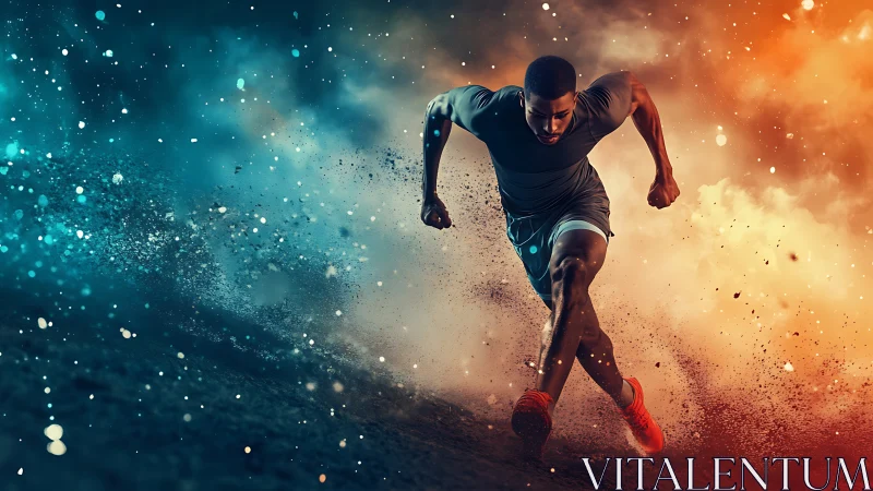 Dynamic sprinter in bokeh dust trail, teal-orange split lighting