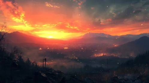 Digital landscape shows valley city under intense sunset sky