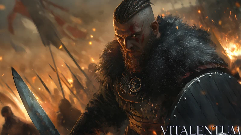War-scarred Viking warrior in ember-lit battlefield charge.